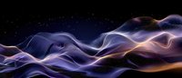 Abstract digital waves in purple and gold flowing across dark space background, creating futuristic technology visualization for modern design projects.