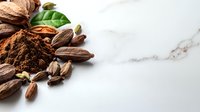 Raw cacao beans and powder with fresh green leaves scattered on white marble background, copy space for text, close up view of chocolate ingredients.
