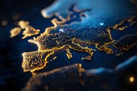 Glowing map of Europe with illuminated cities and connections shown as golden light points against dark blue background, depicting global network concept.