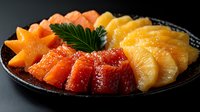 Fresh tropical fruit platter with sliced papaya, pineapple and blood orange arranged on dark ceramic plate, garnished with green leaf for gourmet presentation.