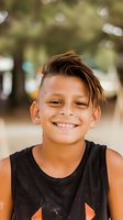 Hispanic boy with trendy haircut wearing black tank top smiles brightly at camera, showing genuine happiness against blurred outdoor background.