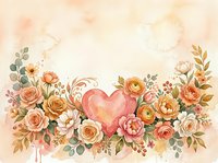 Watercolor floral arrangement with pink heart centerpiece surrounded by roses, ranunculus and eucalyptus leaves on soft beige background for romantic designs.