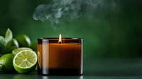 Aromatic candle with fresh lime slices and gentle smoke on dark green background. Spa and wellness concept for relaxation and aromatherapy.