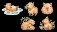 Cute capybara characters in various poses isolated on transparent background, ready for t-shirt design, stickers, clipart, print-on-demand products and sublimation projects.