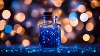 Magical blue glitter potion bottle with sparkling bokeh lights background for fantasy and mystical themed designs.