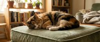 Cozy tabby cat sleeping peacefully on green cushion in warm sunlit living room with books and plants creating comfortable home atmosphere.