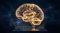 Glowing golden brain hologram floating above digital tablet against starry space background for artificial intelligence and neuroscience concepts.