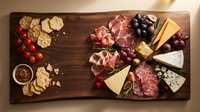 Gourmet charcuterie board with assorted meats, cheeses, crackers, olives and grapes on rustic wooden platter for entertaining and appetizers.
