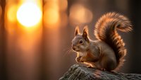 Adorable red squirrel sitting on wooden log during golden hour sunset with warm bokeh background lights creating magical wildlife scene for nature photography.