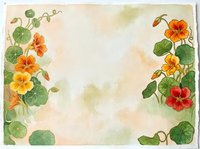 Watercolor nasturtium floral border frame with orange and red blooms on soft pastel background, copy space for text or greeting card design.