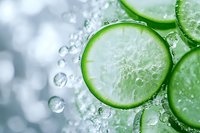 Fresh cucumber slices with water drops and bubbles on light background, macro shot showing crisp texture and natural freshness for healthy eating concept.