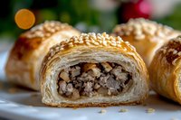 Flaky puff pastry rolls filled with seasoned ground meat and mushrooms, topped with sesame seeds, close-up view showing layered texture and savory filling.