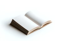 Open blank book with white pages on white background, minimalist composition showing empty pages ready for creative content and design projects.