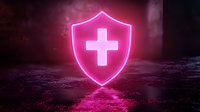 Glowing neon pink medical shield with cross symbol on dark background with reflection, modern healthcare protection concept for medical presentations.
