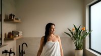 Young brunette woman wrapped in white towel enjoying peaceful morning routine in modern minimalist bathroom with natural light and plants.