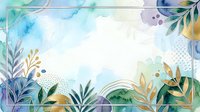 Watercolor floral frame with gold botanical elements, blue and green leaves on white background, elegant border for cards, invitations, and prints.