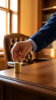 Businessman hand stacking golden coins on wooden desk in warm office interior for investment and financial growth concept.