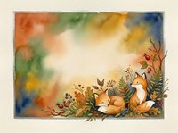 Watercolor autumn frame with cute foxes, fall foliage and berries on colorful background. Seasonal border design for greeting cards and decorations.