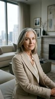 Confident mature businesswoman with gray hair in beige suit sitting in modern office interior with city view background for corporate leadership concepts.