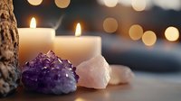 Glowing white candles with amethyst and rose quartz crystals against blurred golden bokeh background create peaceful spiritual atmosphere for meditation and wellness.