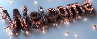 Glowing welcome sign with warm fairy lights wrapped around dark letters creating magical bokeh effect against blurred background. Perfect for hospitality designs.