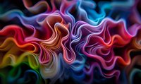 Vibrant multicolored waves create dynamic fluid motion against dark background, featuring smooth transitions between rainbow hues in abstract flowing pattern.
