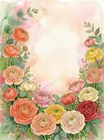 Watercolor ranunculus flowers frame with soft pastel background for wedding invitations, greeting cards and romantic designs with copy space.