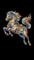 Ornate decorative horse with flowing mane and tail in blue, gold, and red colors, isolated on transparent background. Ready for t-shirts, stickers, clipart, and print-on-demand designs.