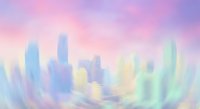 Dreamy pastel cityscape with soft purple pink sky and ethereal urban skyline silhouettes creating peaceful atmospheric mood for meditation wellness content.