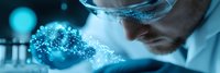 Scientist in protective eyewear examining glowing blue molecular structure and data visualization in modern laboratory setting during research experiment.