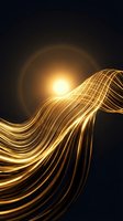 Golden light trails flowing in dynamic waves against dark background creating abstract energy motion with bright luminous center for digital art projects.