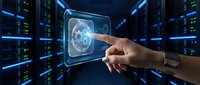 Technician hand touching holographic globe interface in server room with glowing blue data center equipment and digital network visualization.