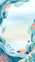 Underwater ocean scene with coral reef, jellyfish and tropical fish in soft pastel colors creating peaceful marine environment frame for text or design.