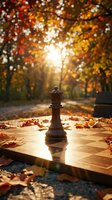 Chess king piece on wooden board surrounded by autumn leaves with warm sunlight filtering through colorful fall foliage in park setting.
