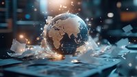 Digital globe with glowing continents floating over scattered papers and reflective surface, illuminated by warm light in dark environment with bokeh effects.