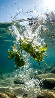 Fresh mint leaves splashing into crystal clear water creating dynamic bubbles and ripples underwater against blue sky background.