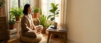 Young Asian woman in cozy sweater sitting peacefully among houseplants by sunny window, creating serene indoor garden atmosphere for wellness and mindfulness.