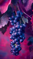 Fresh ripe purple grape cluster with leaves against vibrant magenta background, dramatic lighting creates mystical mood for wine and harvest themes.