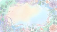Soft pastel watercolor floral frame with roses, eucalyptus, ribbons, and gold glitter accents on a dreamy gradient background.