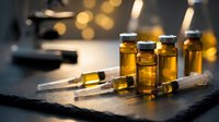 Medical vials with amber glass containing liquid medication and syringes on dark surface with warm bokeh lighting for pharmaceutical research.