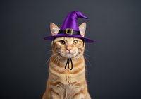 Ginger tabby cat wearing purple witch hat with buckle and black bow tie against dark gray background, isolated for holiday and Halloween designs.