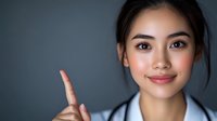 Young Asian female healthcare professional in white coat raises index finger in attention gesture against dark background with gentle smile and confident expression.