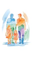 Watercolor family silhouettes with rainbow gradient colors showing parents and children holding hands on white background for design projects.