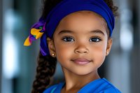 Young African American girl wearing blue headband and top smiles confidently at camera, natural curly hair in braid, soft bokeh background creates warm portrait atmosphere.