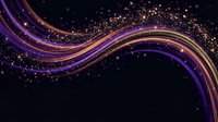 Abstract purple and gold flowing waves with sparkling particles on dark background for luxury design projects and digital art compositions.