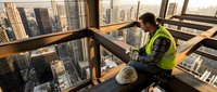 Construction worker in safety vest taking break on high-rise building frame overlooking urban cityscape during golden hour sunset.