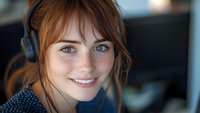 Young redhead woman with freckles and blue eyes wearing headphones smiles warmly at camera. Natural daylight illuminates her genuine expression and casual polka dot top.
