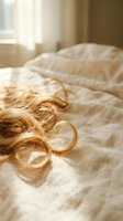 Blonde curly hair strands on unmade bed with white linens in soft morning sunlight streaming through window creating warm intimate bedroom atmosphere.