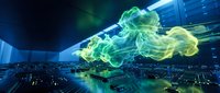 Glowing neon cloud of green and yellow energy flowing over digital cityscape at night, representing data transmission, artificial intelligence, and futuristic technology concepts.