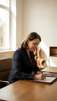 Professional businesswoman in dark suit signing documents at wooden desk in modern office with natural window light for corporate meetings.